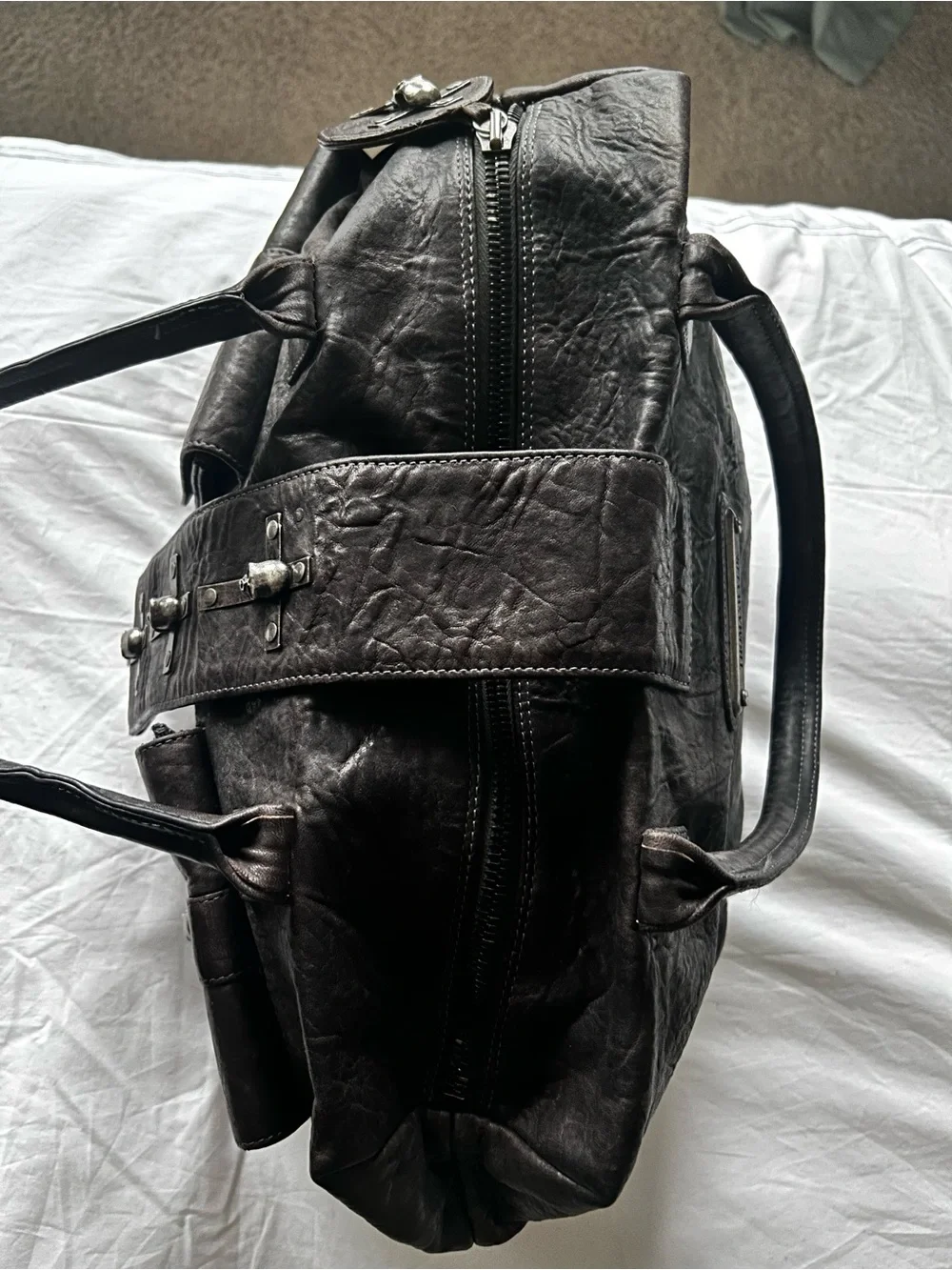 Thomas Wylde Grey Leather Duffel type Tote Bag with Front Skull Pockets